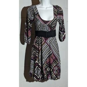 Janette Fashion John 3:16 Geometric Print Dress 3/4 Sleeve Bubble Skirt Small